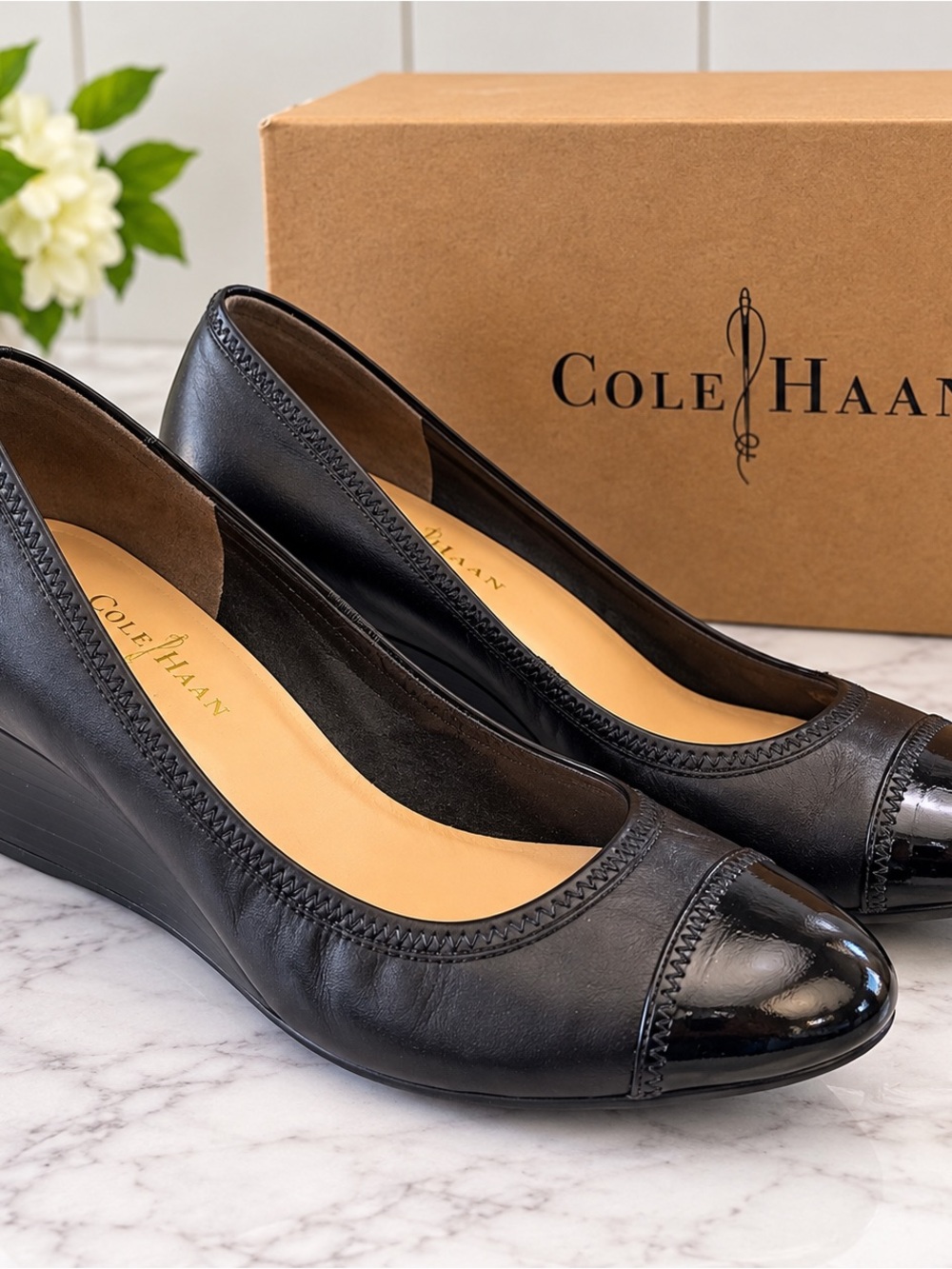 Cole Haan Black Leather Wedge Pumps with Patent Cap Toe